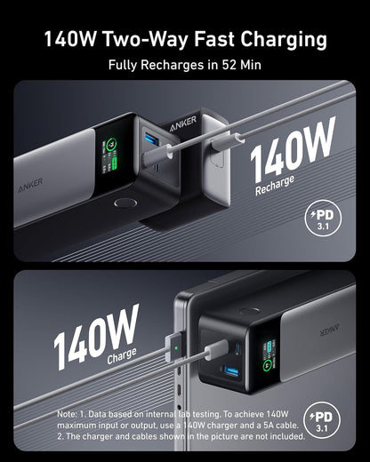 Anker 737 Power Bank, 140W Max 3-Port Laptop Portable Charger, 24,000mAh, Smart Display, Compatible with iPhone 16 / 15 / 14 Series, Vision Pro, Samsung, MacBook, and More