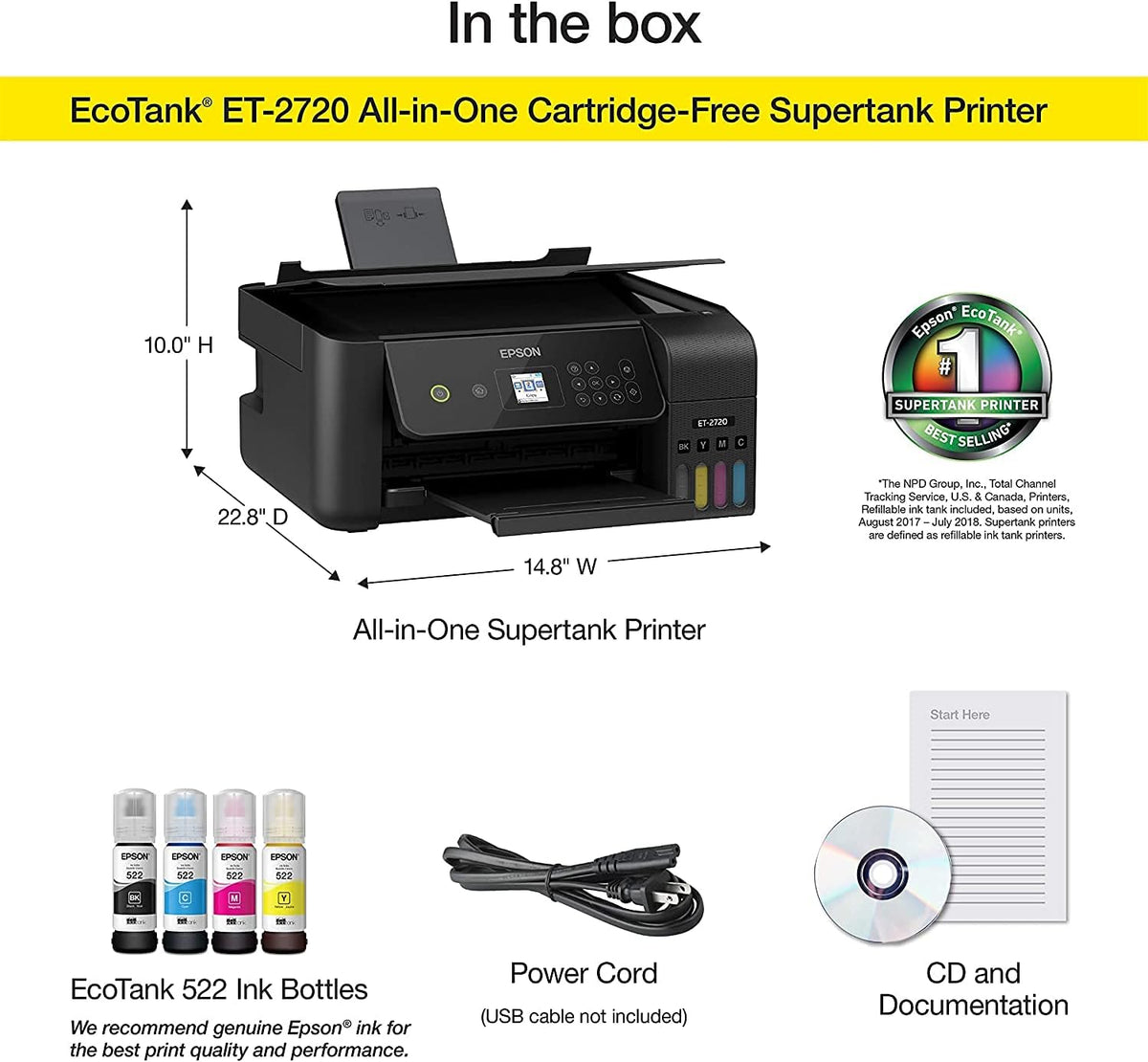 Epson EcoTank All-in-One Wireless Color Inkjet Printer with Scanner and Copier - Print Scan Copy - Black-Bundle with Ahaghug Printer Cable。