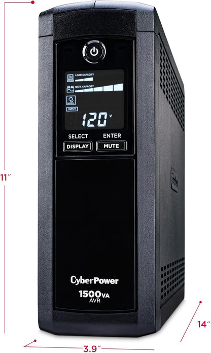 CyberPower CP1500AVRLCD Intelligent LCD UPS Battery Backup and Surge Protector, 1500VA/900W, 12 Outlets, AVR, Mini-Tower, UL Certified