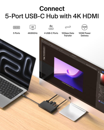 Belkin USB C Hub, 4-in-1 Multi-Port Laptop Dock with 4K HDMI, USB C Docking Station with 100 Watt Pass-Through Power Delivery, 2 X USB A Ports For MacBook Pro, Air, iPad Pro, Chromebook and More
