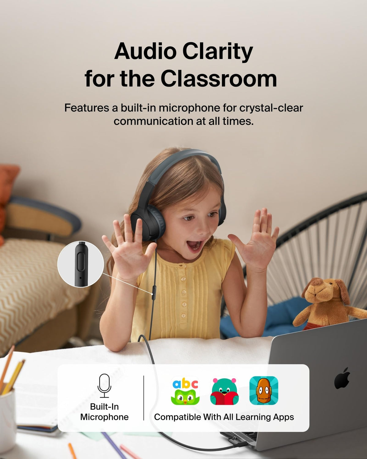 Belkin SoundForm Mini - Wireless Bluetooth Kids Headphones, 30H Battery, 85dB Safe Volume Limit, Built-in Microphone - Toddler On-Ear Earphones for iPhone, iPad - Ideal for School - Blue w/Case