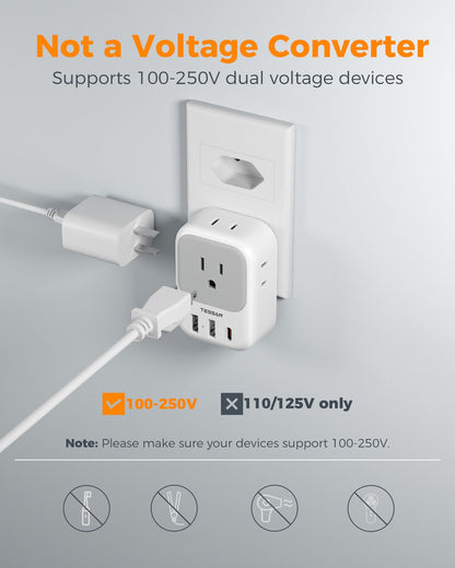 2 Pack European Plug Adapter USB C, TESSAN US to Europe Adapter 4 Outlets 3 USB Charger, Type C International Power Adaptor to Italy Spain France Portugal Iceland Germany, Europe Travel Essentials