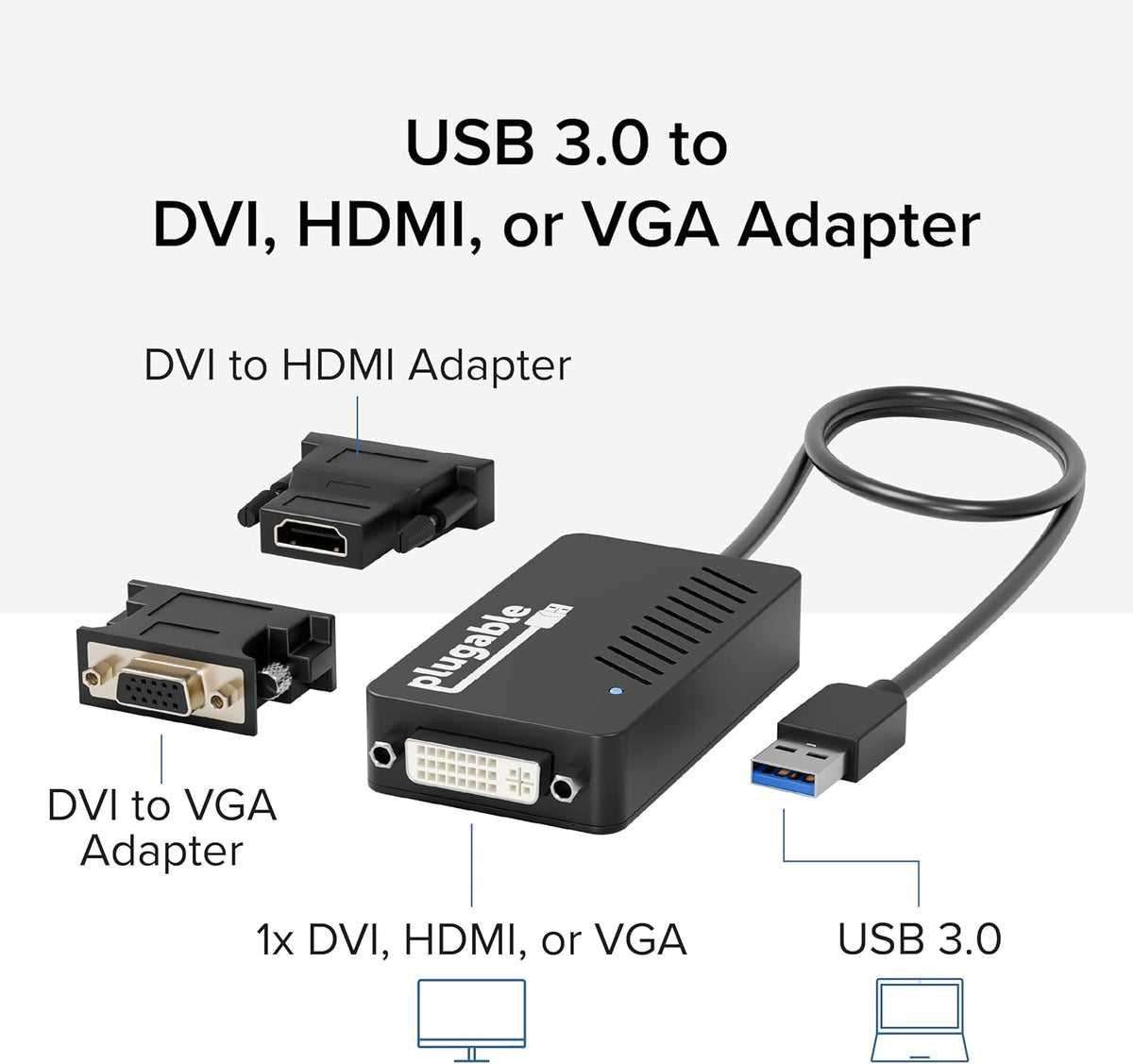 Plugable USB 3.0 to DVI/VGA/HDMI Video Graphics Adapter for Multiple Monitors up to 2048x1152 Supports Windows 11, 10, 8.1, 7, XP, and Mac 10.14+
