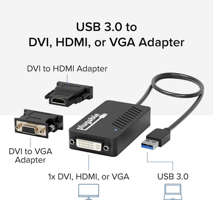 Plugable USB 3.0 to DVI/VGA/HDMI Video Graphics Adapter for Multiple Monitors up to 2048x1152 Supports Windows 11, 10, 8.1, 7, XP, and Mac 10.14+