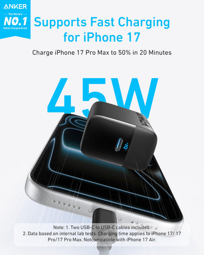 Anker 45W USB C Charger Block, PPS Fast Charger with USB-C Cable for iPhone 17/16 and More Series, iPad, Galaxy S24 Ultra (2-Pack 5 ft Cable Included)