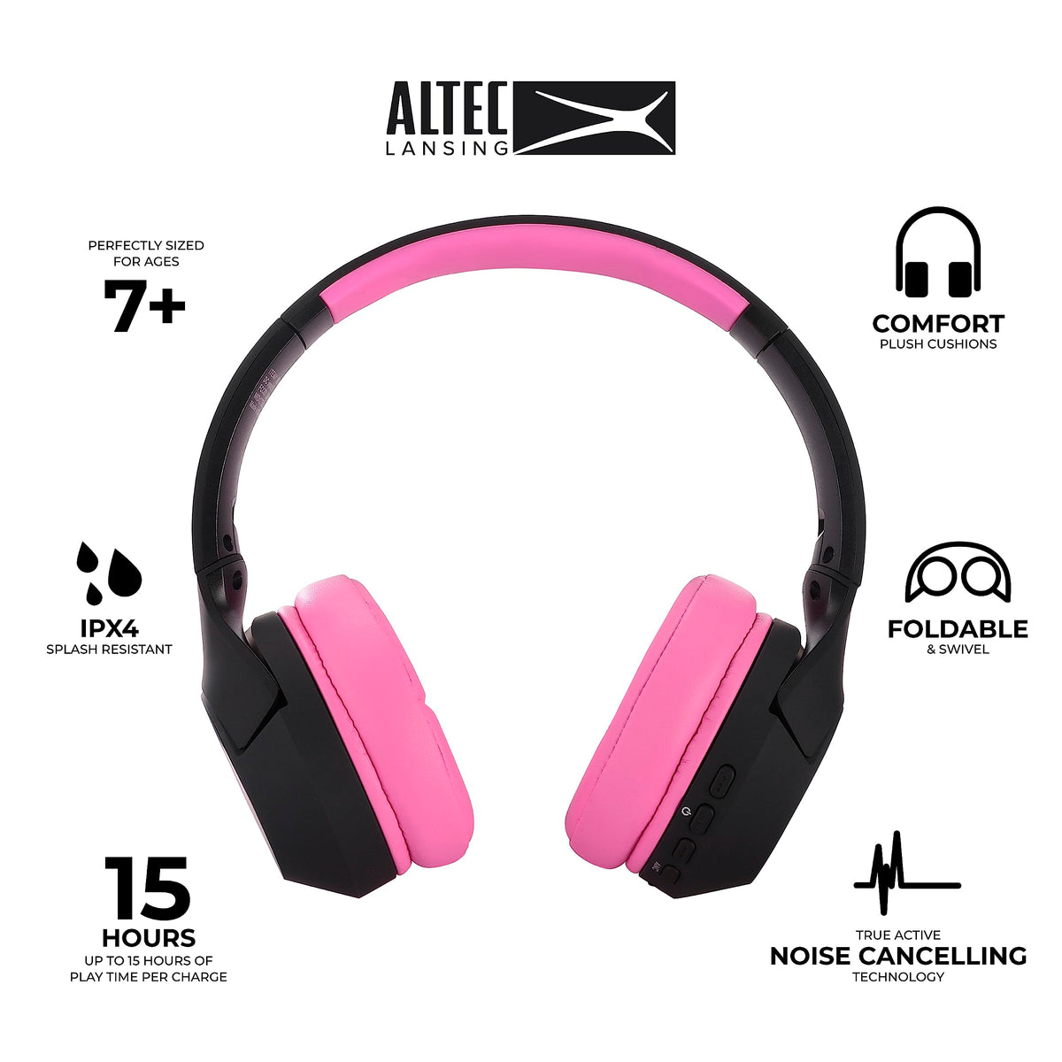 Altec Lansing Kid Safe Noise Cancelling Wireless Headphones 15H Battery, 85dB Volume Limit, Foldable Design Powerful Sound, Active Noise Cancellation Perfect for Kids Ages 7+ (Whiteout Pop Pink)