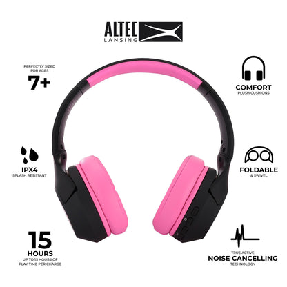 Altec Lansing Kid Safe Noise Cancelling Wireless Headphones 15H Battery, 85dB Volume Limit, Foldable Design Powerful Sound, Active Noise Cancellation Perfect for Kids Ages 7+ (Whiteout Pop Pink)