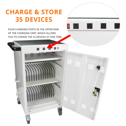 35 Device Mobile Charging Cart, Chromebooks and Laptop Computers, Locking Charging Station with Lock & Key for The Front Back Door, Surge Protection
