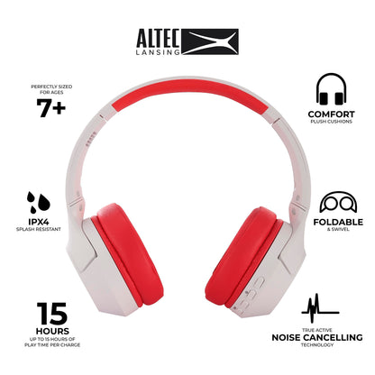 Altec Lansing Kid Safe Noise Cancelling Wireless Headphones 15H Battery, 85dB Volume Limit, Foldable Design Powerful Sound, Active Noise Cancellation Perfect for Kids Ages 7+ (Whiteout Pop Pink)