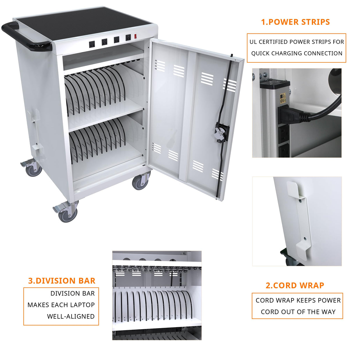 35 Device Mobile Charging Cart, Chromebooks and Laptop Computers, Locking Charging Station with Lock & Key for The Front Back Door, Surge Protection