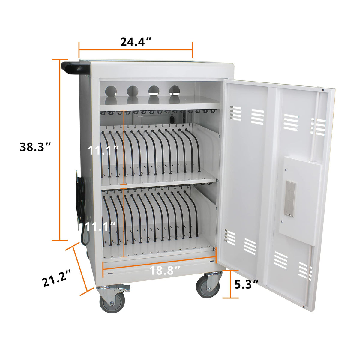 35 Device Mobile Charging Cart, Chromebooks and Laptop Computers, Locking Charging Station with Lock & Key for The Front Back Door, Surge Protection