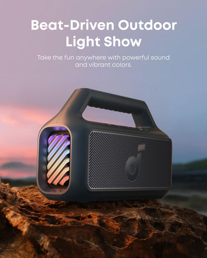 Soundcore Boom 2 By Anker, Outdoor Speaker, 80W, Subwoofer, BassUp 2.0, 24H Playtime, IPX7 Waterproof, Floatable, RGB Lights, USB-C, Custom EQ, Portable for Camping and Beach - Black