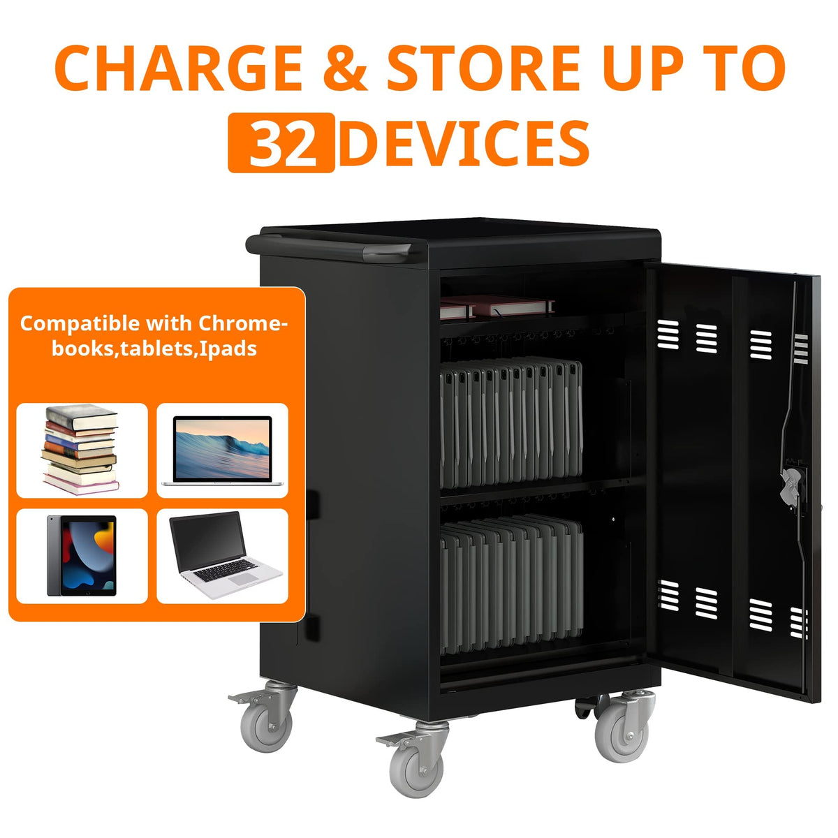 35 Device Mobile Charging Cart, Chromebooks and Laptop Computers, Locking Charging Station with Lock & Key for The Front Back Door, Surge Protection