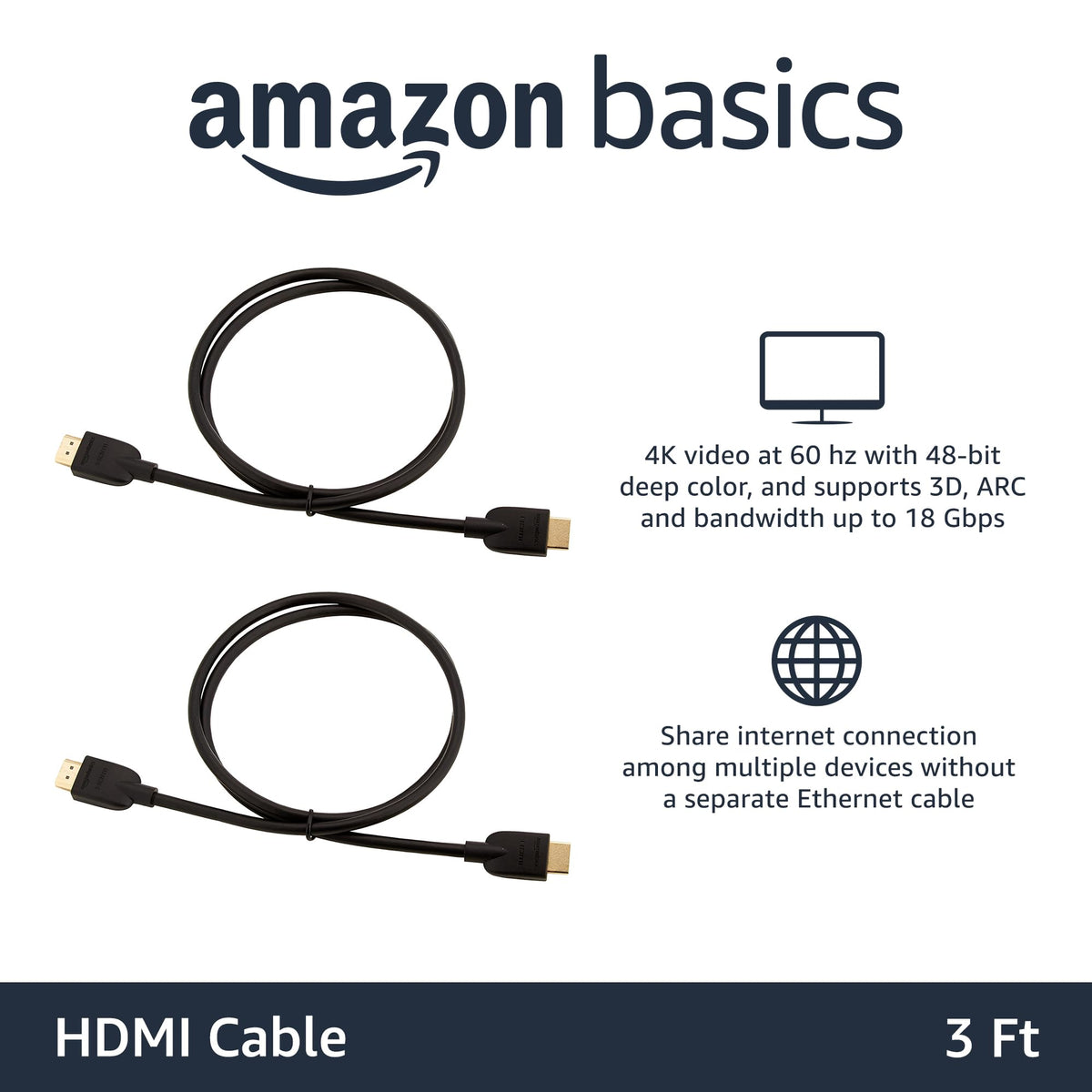Amazon Basics HDMI Cable, 6ft, 4K@60Hz, High-Speed 4K HDMI 2.0 Cord with Ethernet, 18Gbps, 2160p, 48 bit, Compatible with TV/PS5/Xbox/Roku/Blu-ray, Black