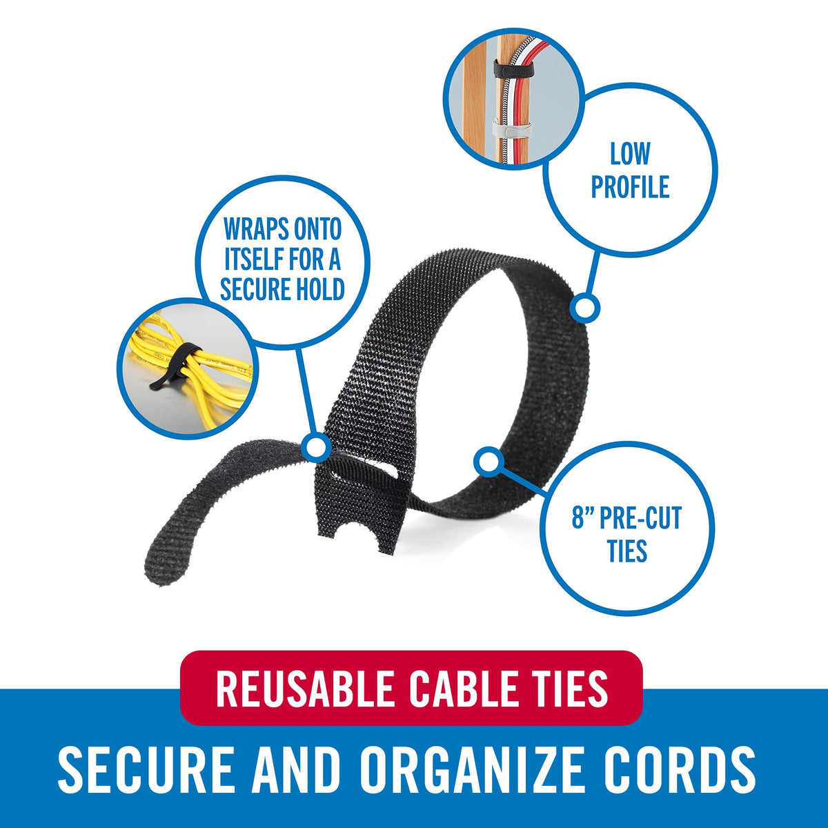 VELCRO Brand ONE-WRAP Cable Ties, 100Pk, 8 x 1/2" Black Cord Organization Straps, Thin Pre-Cut Design, Wire Management for Organizing Home, Office and Data Centers