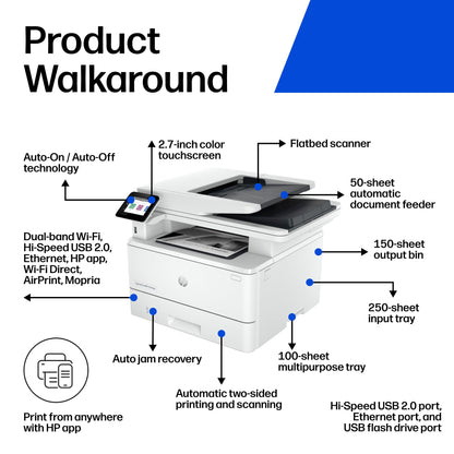 HP Laserjet Pro MFP 4101fdw Wireless Black & White All-in-One Laser Printer, Scanner, Copier, Fax, Best-for-Office (2Z619F)