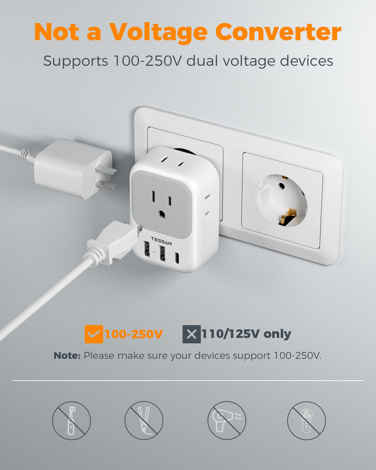 2 Pack European Plug Adapter USB C, TESSAN US to Europe Adapter 4 Outlets 3 USB Charger, Type C International Power Adaptor to Italy Spain France Portugal Iceland Germany, Europe Travel Essentials