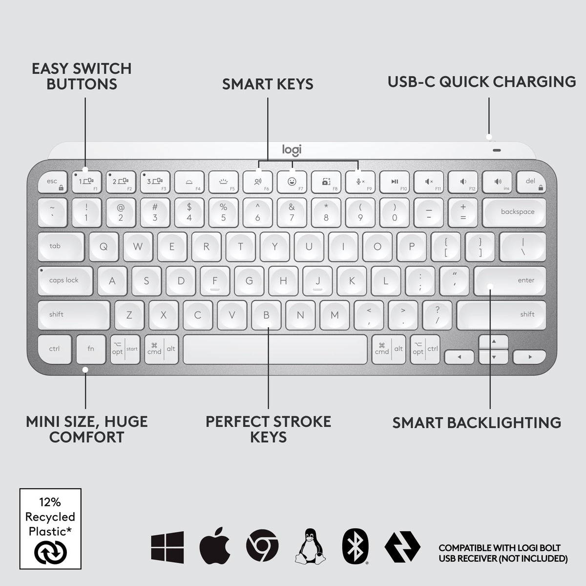 Logitech MX Keys Mini Minimalist Wireless Illuminated Keyboard, Compact, Bluetooth, Backlit, USB-C, Compatible with Apple macOS, iOS, Windows, Linux, Android, Metal Build - Graphite