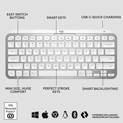 Logitech MX Keys Mini Minimalist Wireless Illuminated Keyboard, Compact, Bluetooth, Backlit, USB-C, Compatible with Apple macOS, iOS, Windows, Linux, Android, Metal Build - Graphite