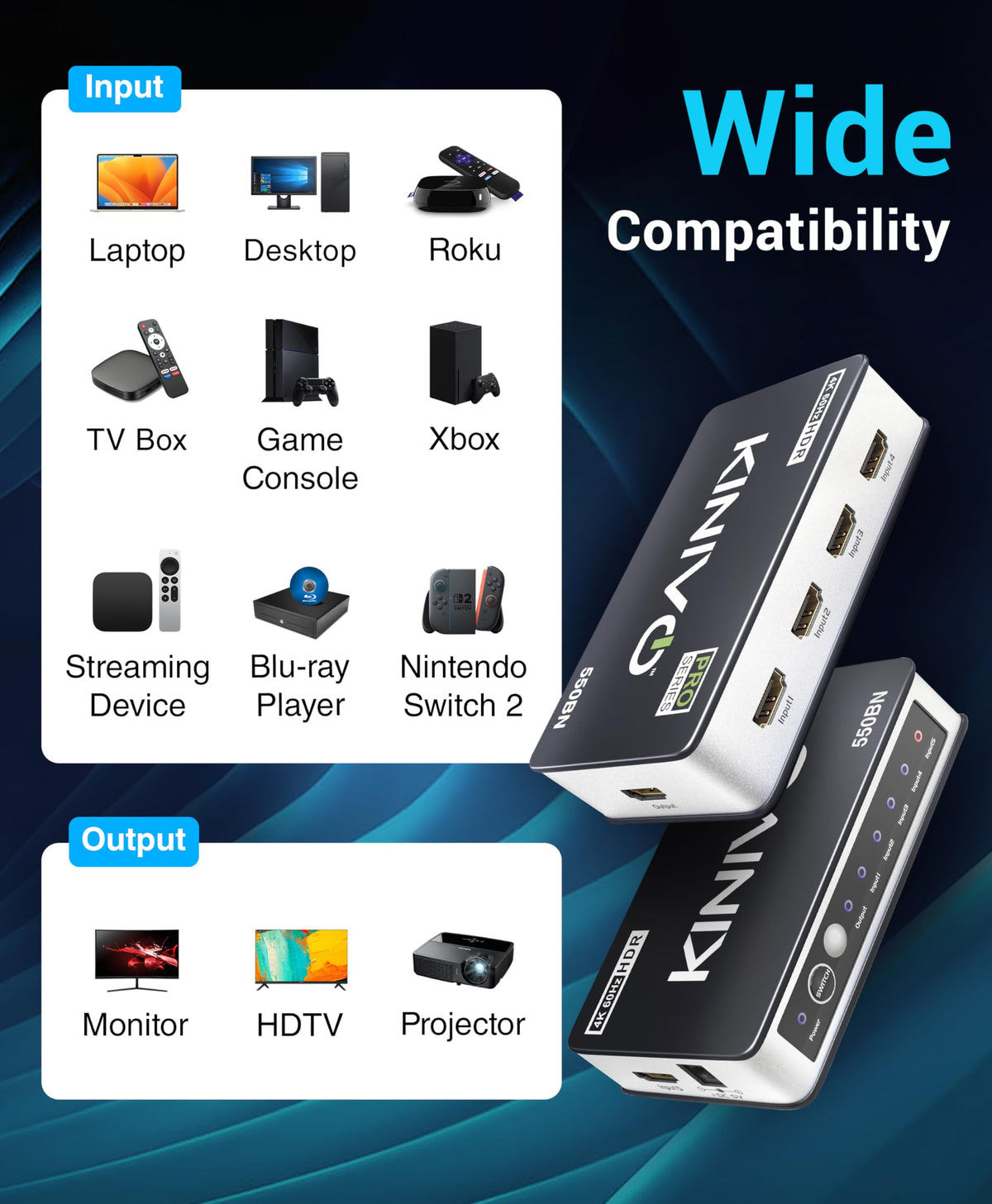 Kinivo HDMI Switch 5 in 1 Out 4K 60Hz (HDR 10, High Speed 18Gbps, IR Remote, HDCP2.2, Dolby Vision, VRR) - 550BN Switcher Compatible with Roku, PS5, Xbox, Apple TV, Nintendo Switch 2, Cable Box