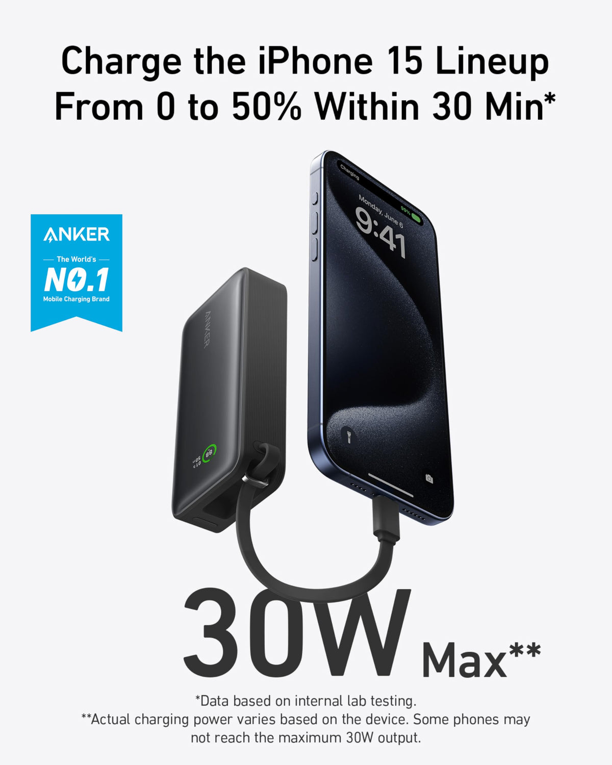 Anker Nano Power Bank, 10,000mAh Portable Charger with Built-in USB-C Cable, 30W Recharging, 30W Max Output with USB-C&A, for iPhone 17/16/15 Series, MacBook, Galaxy, AirPods, and More