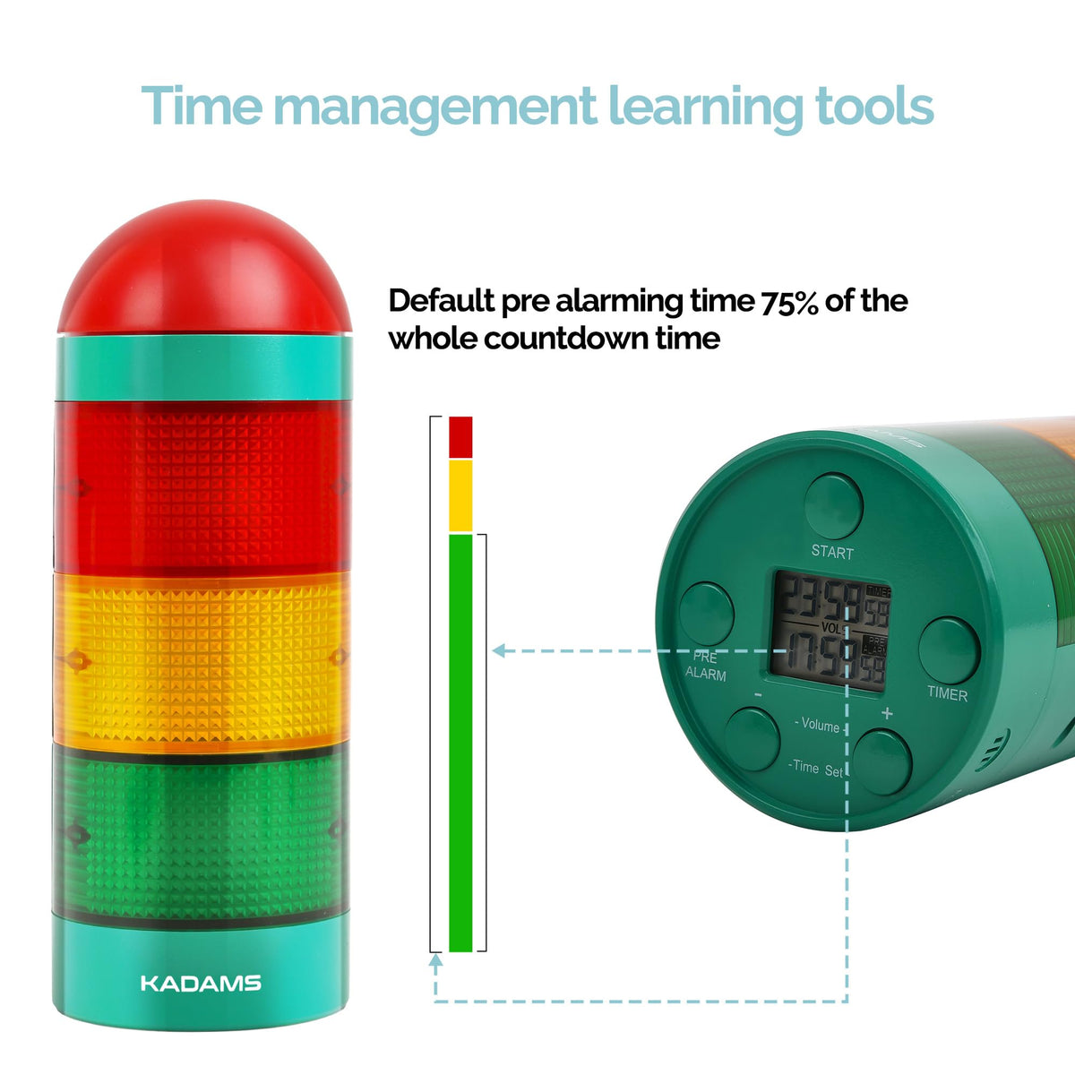 KADAMS Visual Timer for Kids with Audio Pre-Alarm - Traffic Light Alarm for Kids Toddler Teachers Classroom Home Time Management Tool 24hr Countdown Pause Memory Function