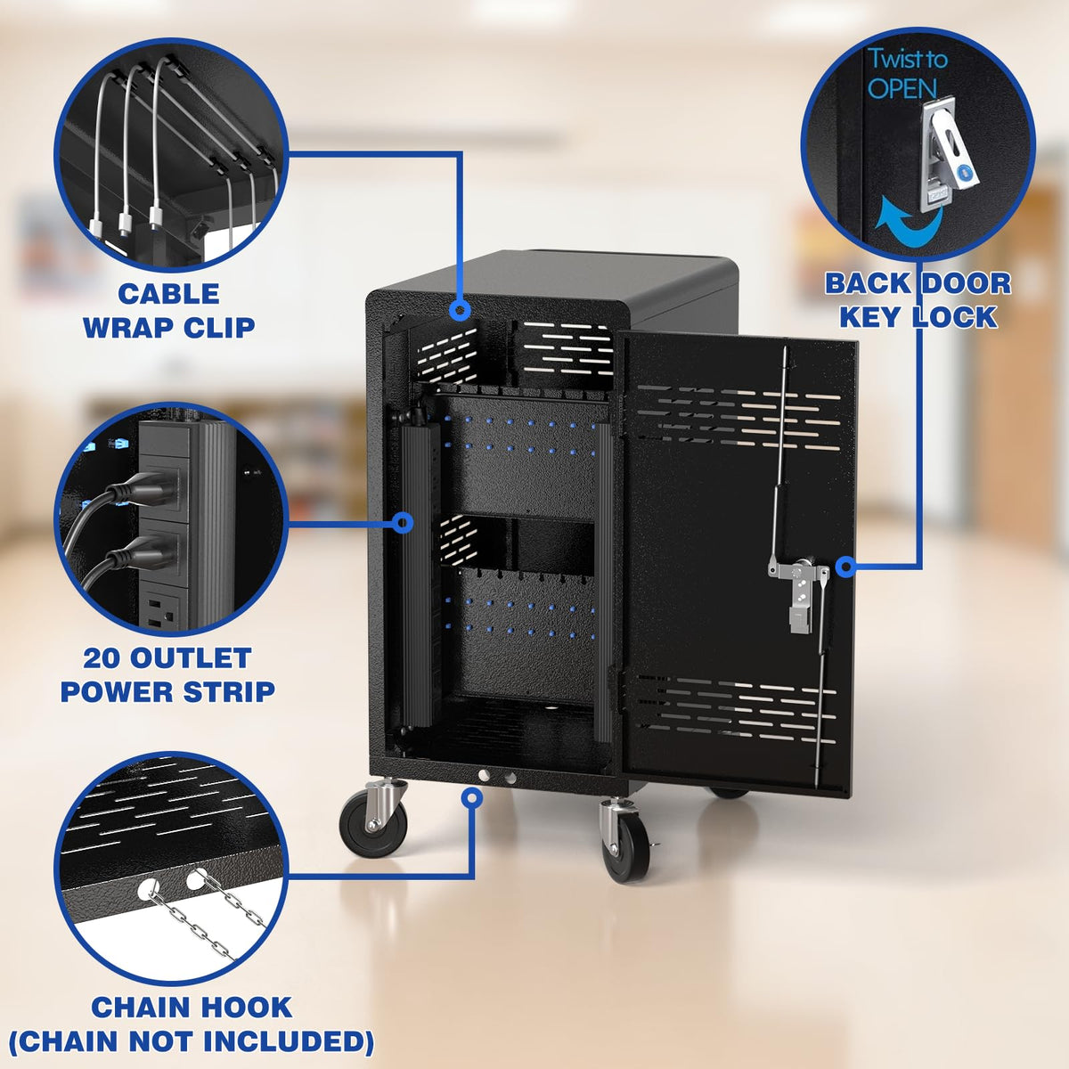 Fully Assembled 20 Devices Laptop Charging Cart - Tablet Storage Cart for Chromebook iPad, Mobile Laptop Charging Station for Classroom Office - Includes Cable Management & Detachable Door, Black