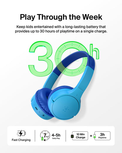 Belkin SoundForm Mini - Wireless Bluetooth Kids Headphones, 30H Battery, 85dB Safe Volume Limit, Built-in Microphone - Toddler On-Ear Earphones for iPhone, iPad - Ideal for School - Blue w/Case