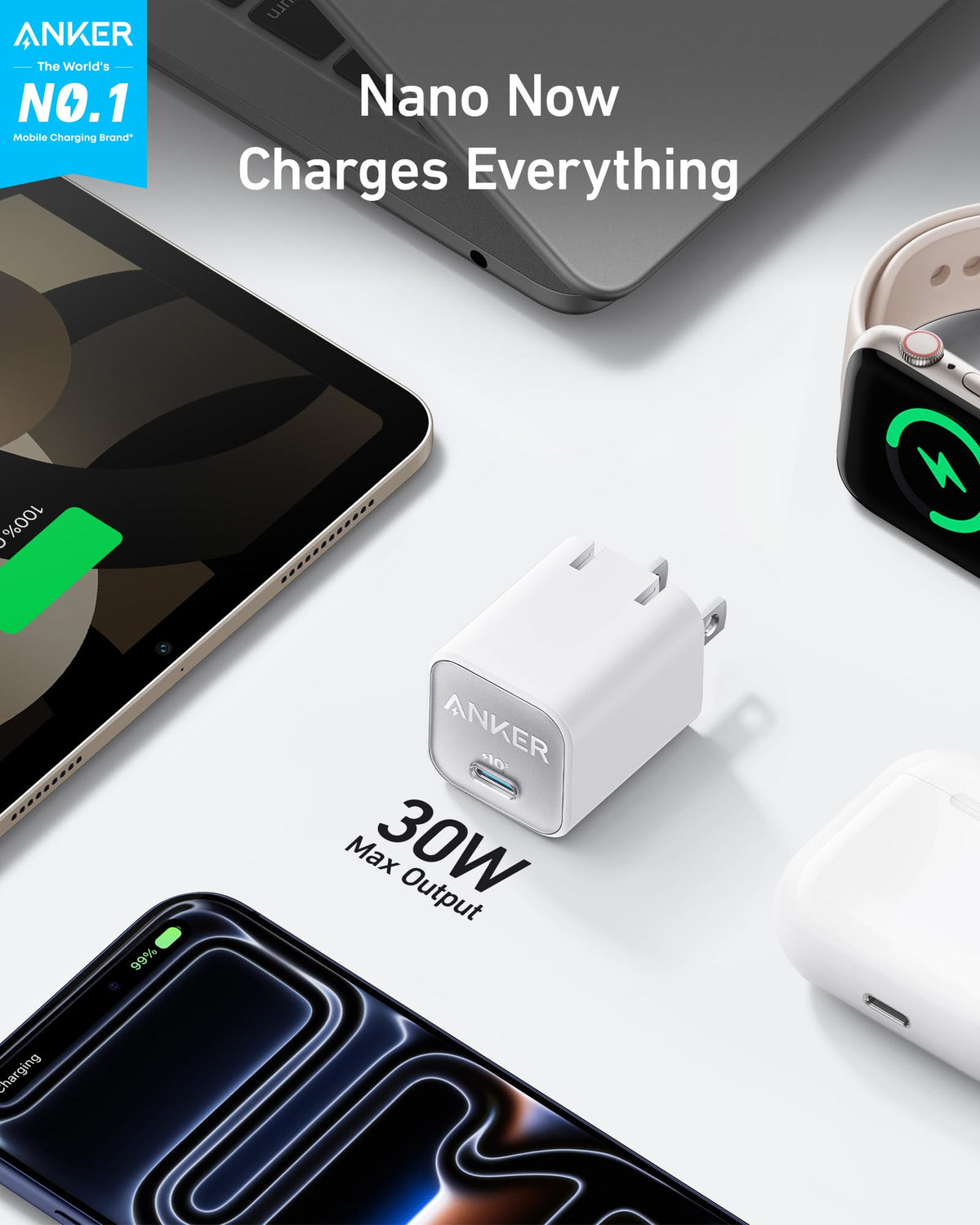 Anker Nano Charger, USB C GaN Charger 30W, PIQ 3.0 Foldable PPS Fast Charger for iPhone 17 / 16 and more series, Galaxy, iPad, Compatible with MagSafe