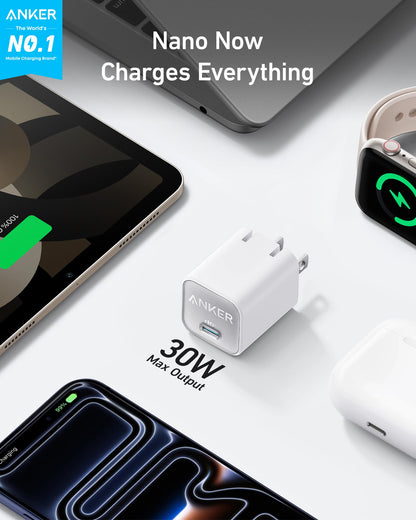 Anker Nano Charger, USB C GaN Charger 30W, PIQ 3.0 Foldable PPS Fast Charger for iPhone 17 / 16 and more series, Galaxy, iPad, Compatible with MagSafe