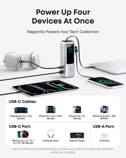 Anker Laptop Power Bank, 25,000mAh Portable Charger with Triple 100W USB-C Ports, Built-in Retractable Cables, Flight-Approved for Travel, iPhone 17/16 Series, MacBook, Samsung, and More