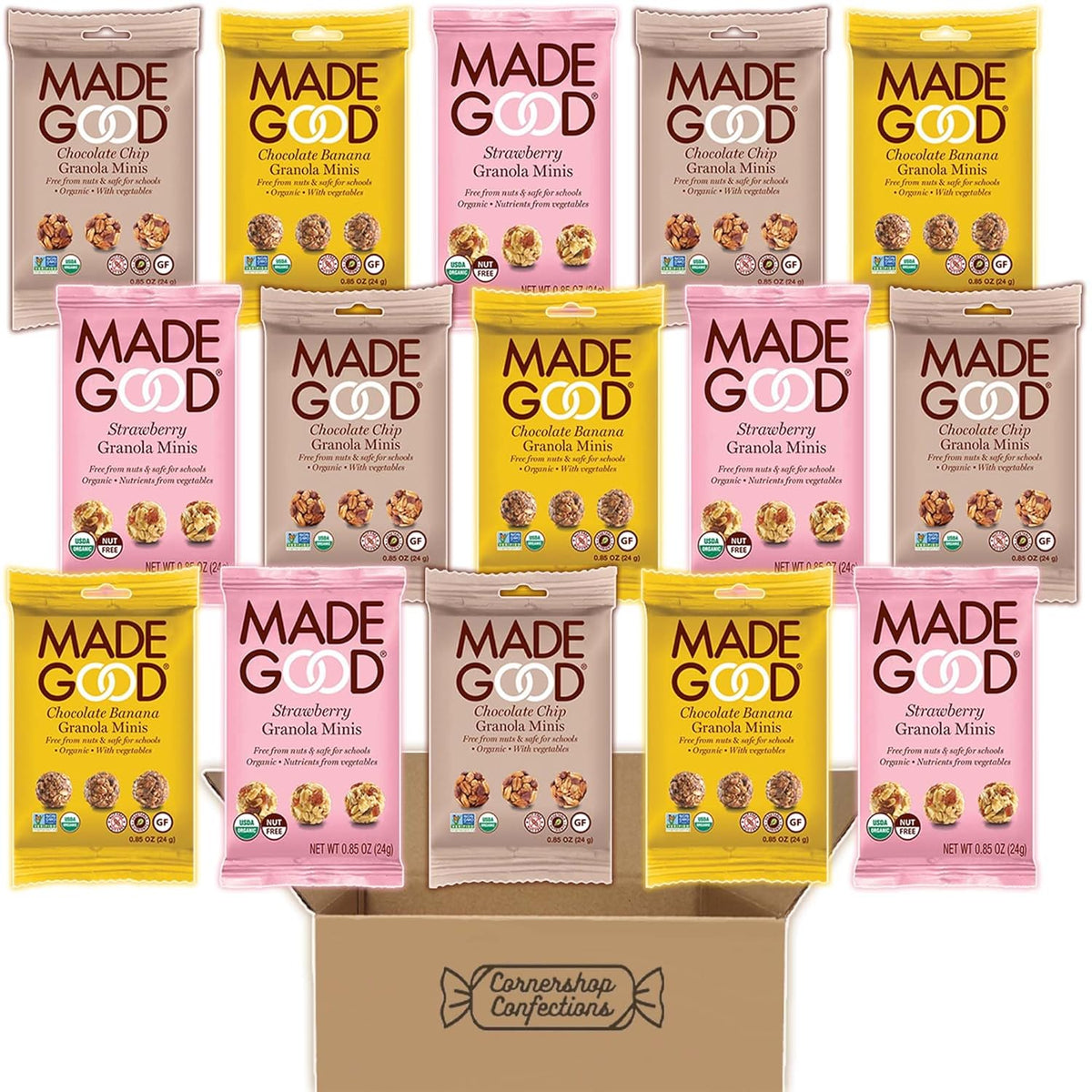 MadeGood Granola Minis 15 Pack Variety Pack - 3 Flavors Included - 5 Packs of Each Flavor - Chocolate Banana, Strawberry, Chocolate Chip - Tasty On-The-Go Snack in Cornershop Confections Pack