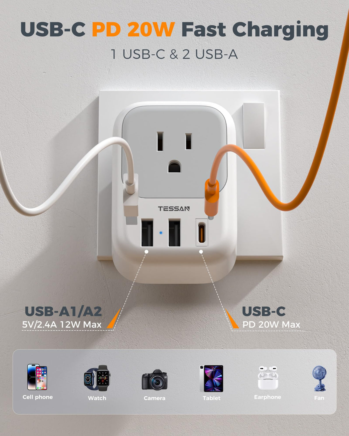 2 Pack European Plug Adapter USB C, TESSAN US to Europe Adapter 4 Outlets 3 USB Charger, Type C International Power Adaptor to Italy Spain France Portugal Iceland Germany, Europe Travel Essentials