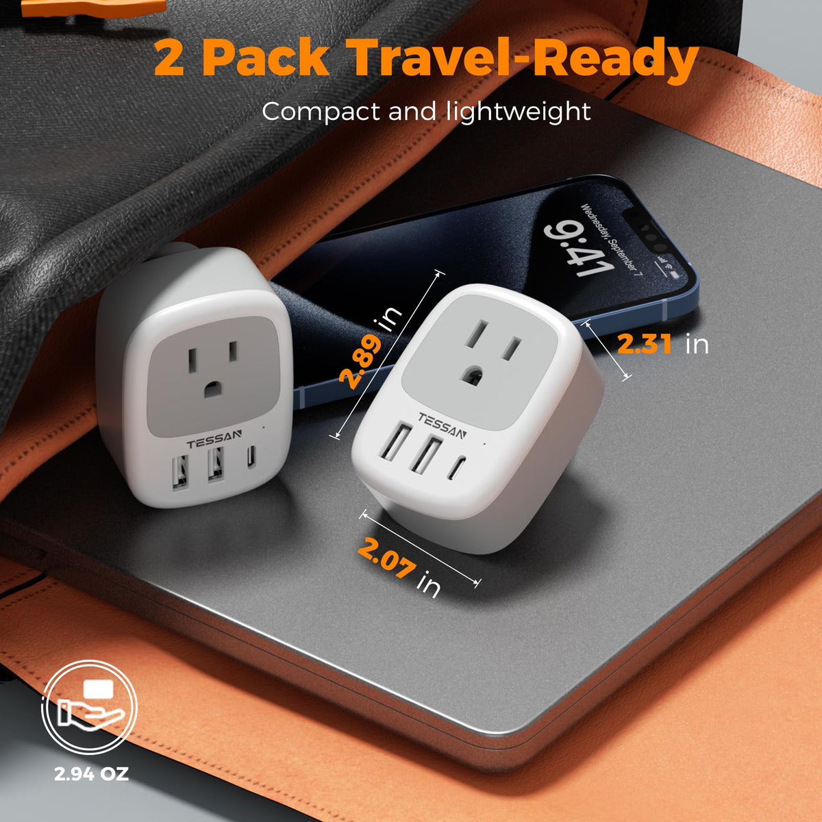 2 Pack European Travel Plug Adapter, TESSAN US to Europe Plug Adapter with 3 USB Ports (1 USB C), Type C Power Outlet for EU International Italy Iceland Spain France Germany