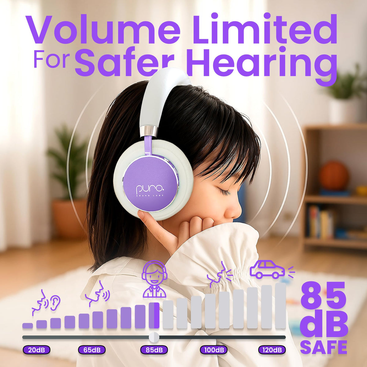 Puro Sound Labs Kids Wireless Headphones – Volume-Limiting 85dB, Built-in Mic, Studio-Grade Sound, 20-Hour Battery Life, Comfortable & Easy to Connect Kids Bluetooth Headphones – BT2200 Plus, Purple