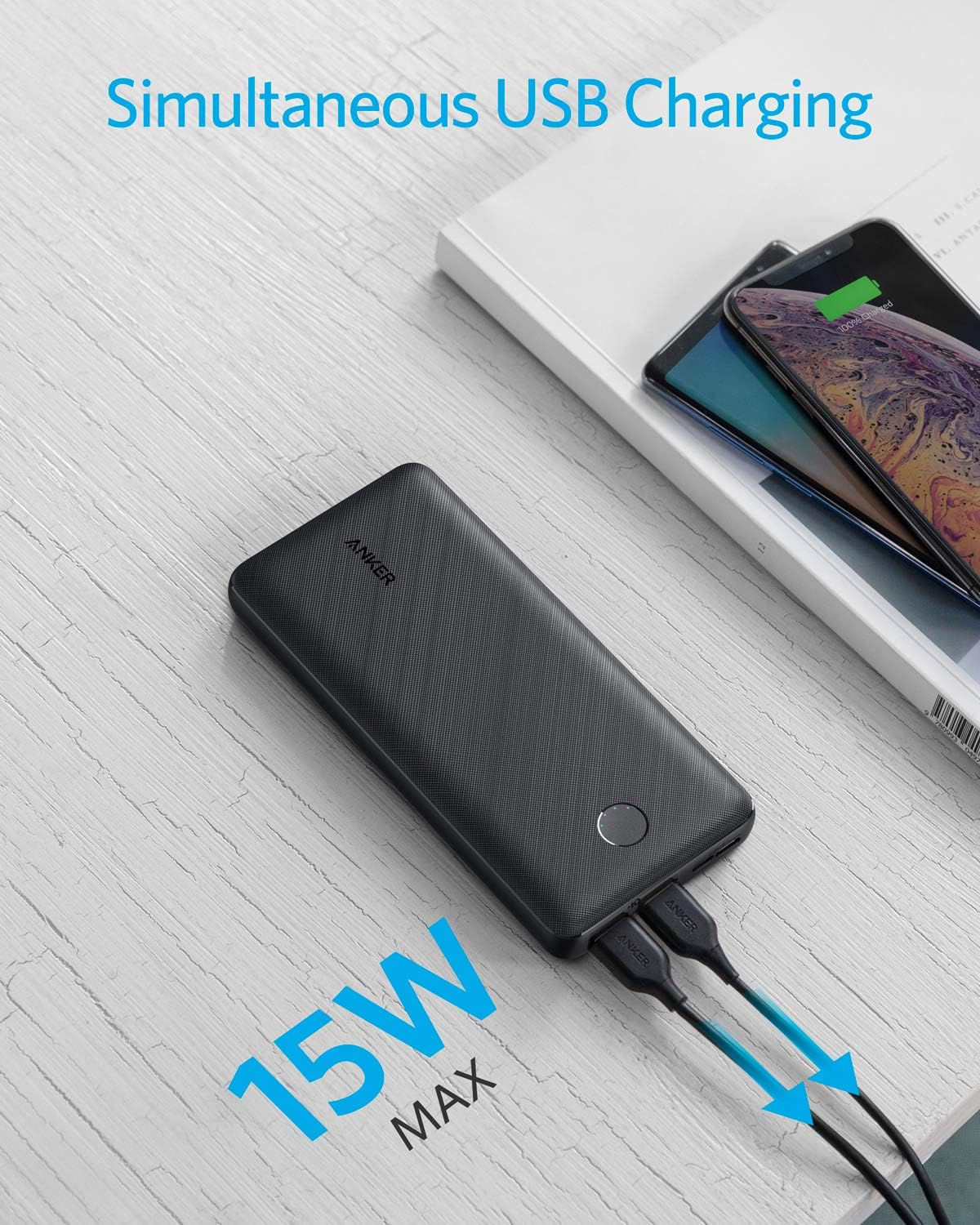 Anker Portable Charger, 325 Power Bank (PowerCore Essential 20K), 20000mAh Battery Pack with 15W Charging, PowerIQ, 2 USB-A, 1 Micro USB, Two-Way USB-C Ports for iPhone Series, AirPods, and More
