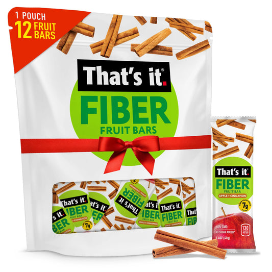 That’s it. High Fiber Fruit Bars Variety Pack (12 Count) – Cinnamon, Pear, Mixed Berries & Cherry, 7g Fiber from Real Fruit, 3-4 Ingredients, No Added Sugar, 130 Calories, Gluten-Free, Top 12 Allergen-Free, Non-GMO