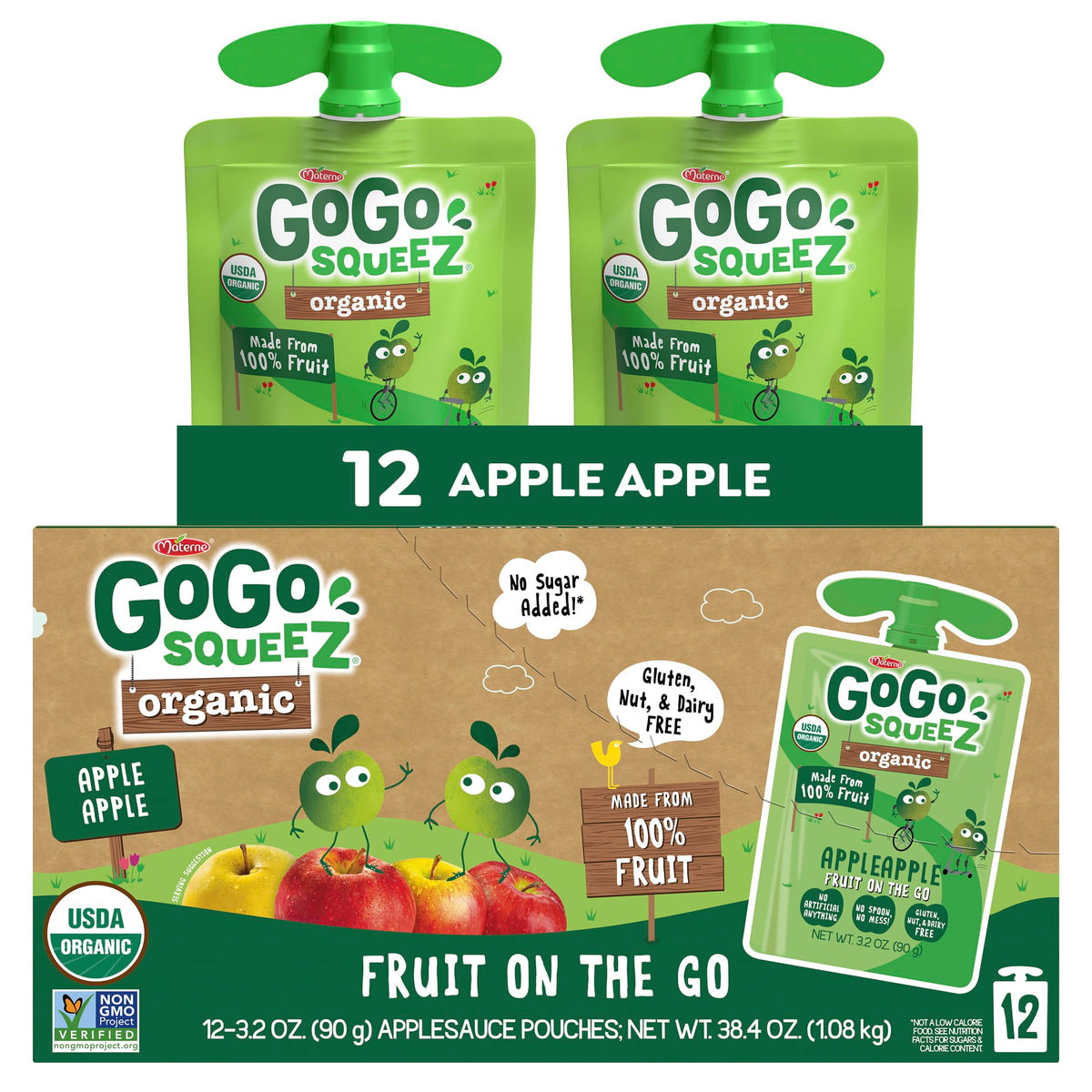 GoGo squeeZ No Sugar Added Organic Fruit & veggieZ Applesauce and Puree Variety Pack, Pedal Peach and Boulder Berry, 3.2 oz Pouches (Pack of 12), Fruit Snacks for Kids, Gluten Free, Nut Free, Recloseable Cap, BPA Free