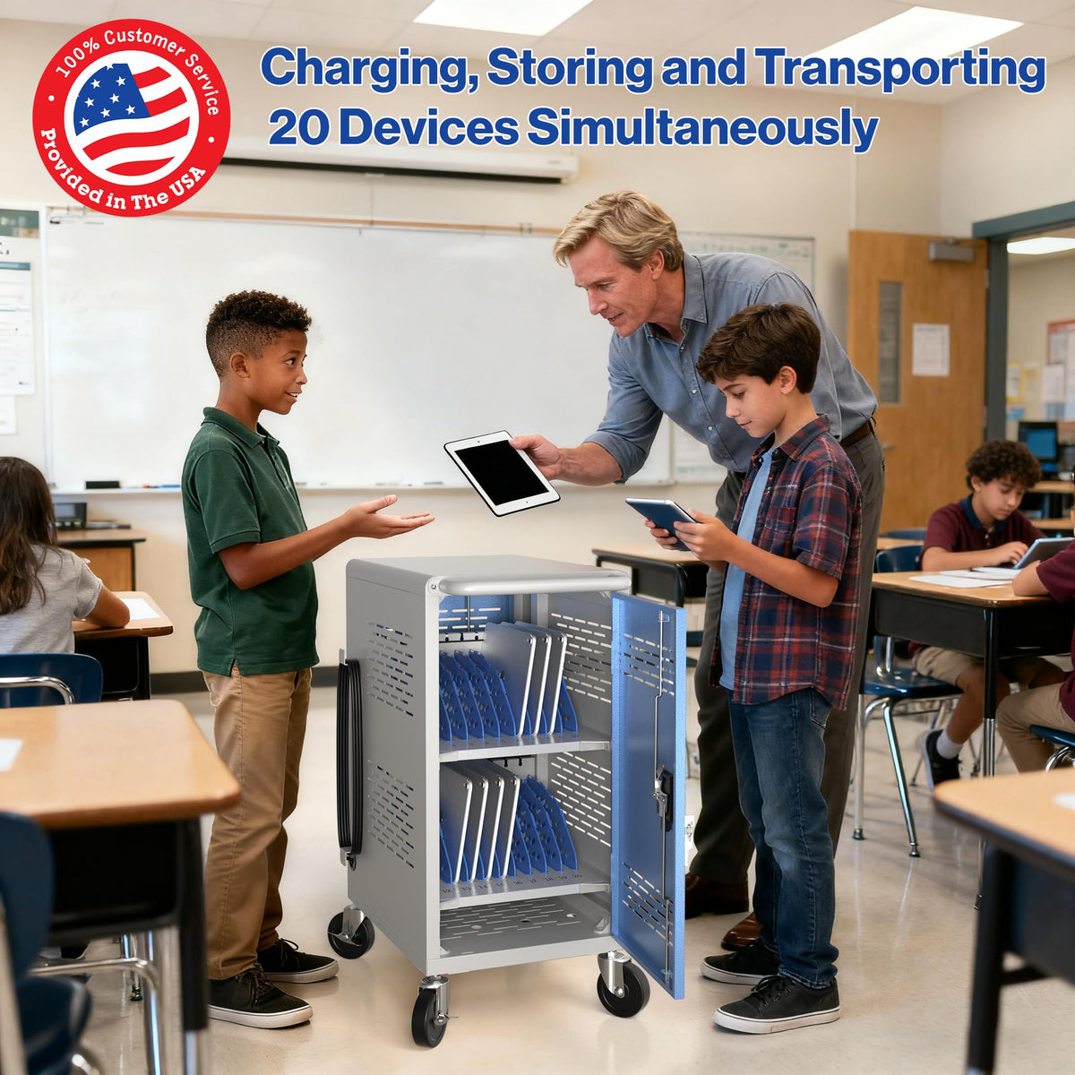 Fully Assembled 20 Devices Laptop Charging Cart - Tablet Storage Cart for Chromebook iPad, Mobile Laptop Charging Station for Classroom Office - Includes Cable Management & Detachable Door, Black