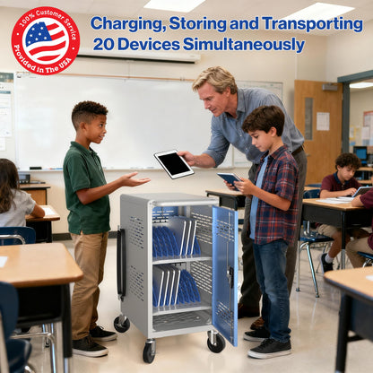 Fully Assembled 20 Devices Laptop Charging Cart - Tablet Storage Cart for Chromebook iPad, Mobile Laptop Charging Station for Classroom Office - Includes Cable Management & Detachable Door, Black