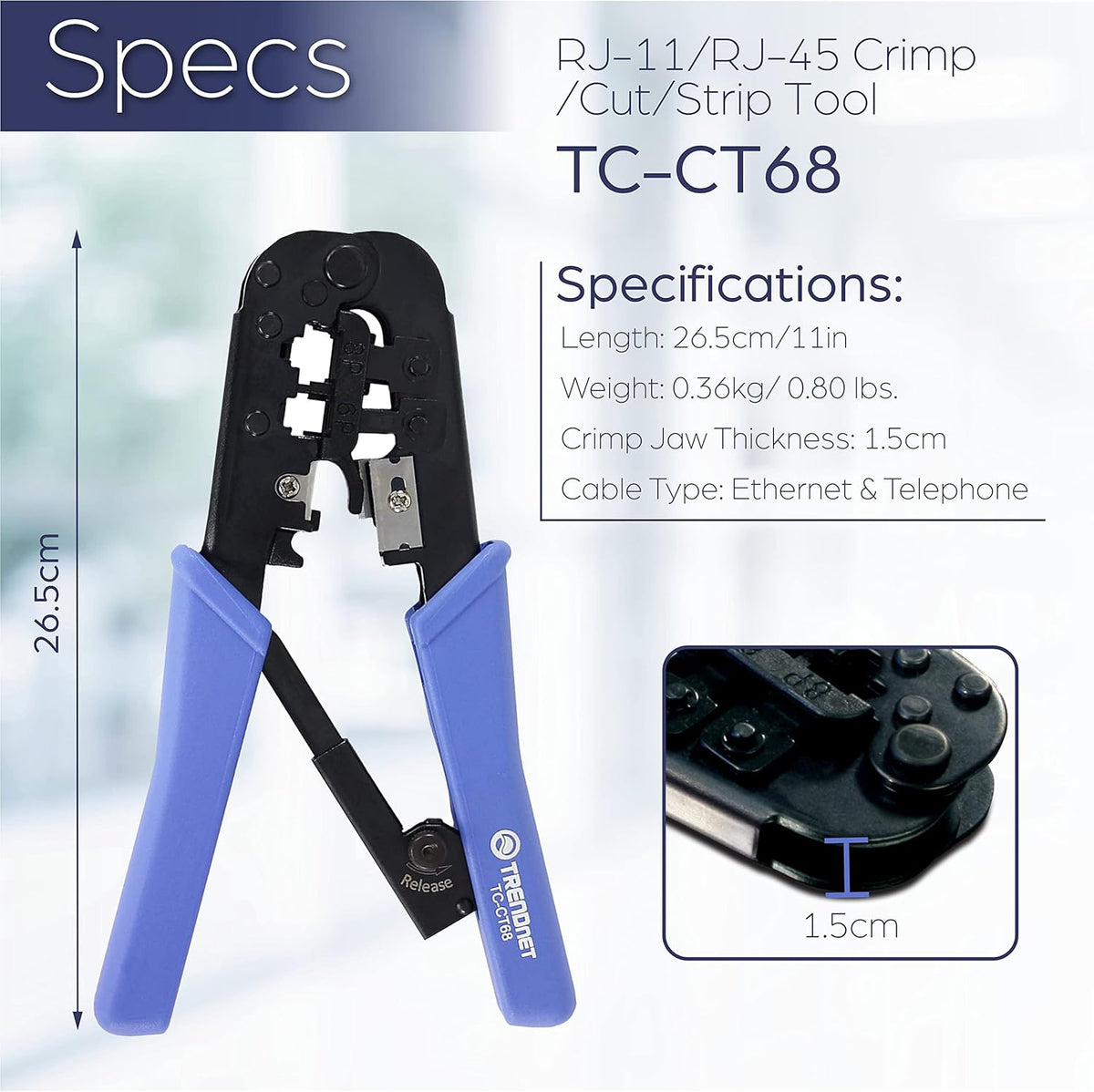 TRENDnet Crimping Tool, TC-CT68, Crimp, Cut, & Strip Cable for 8 and 6 Position Modular Plugs, Built-In Cutter and Stripper, NDAA + TAA Compliant, 8P-RJ-45, 6P-RJ-12, RJ-11, Steel Construction, Black