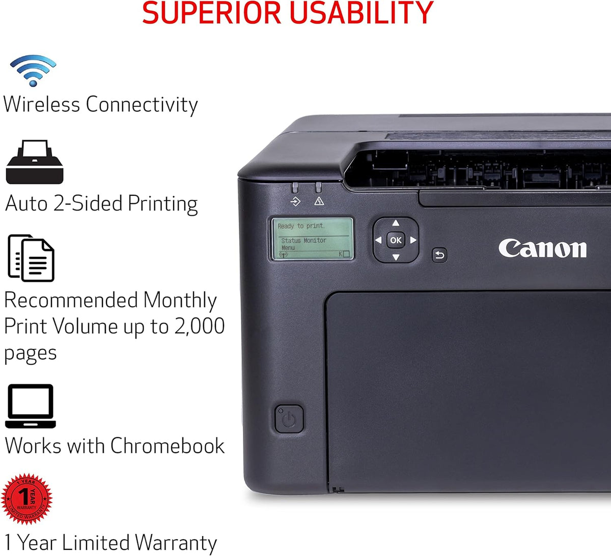 Canon imageCLASS LBP122dw - Monochrome Duplex Wireless Laser Printer, Single Function, Home Office, Mobile Ready, 30 PPM, Black