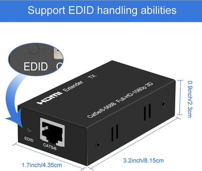 HDMI Extender Over Cat5e/6/7 Ethernet 1080p Up to 196ft HDMI Balun Sender Transmitter Receiver Support EDID and POC Function 3D HDCP