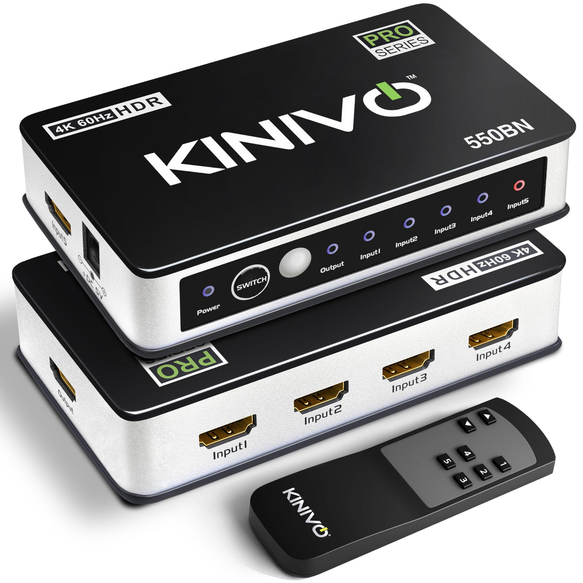 Kinivo HDMI Switch 5 in 1 Out 4K 60Hz (HDR 10, High Speed 18Gbps, IR Remote, HDCP2.2, Dolby Vision, VRR) - 550BN Switcher Compatible with Roku, PS5, Xbox, Apple TV, Nintendo Switch 2, Cable Box