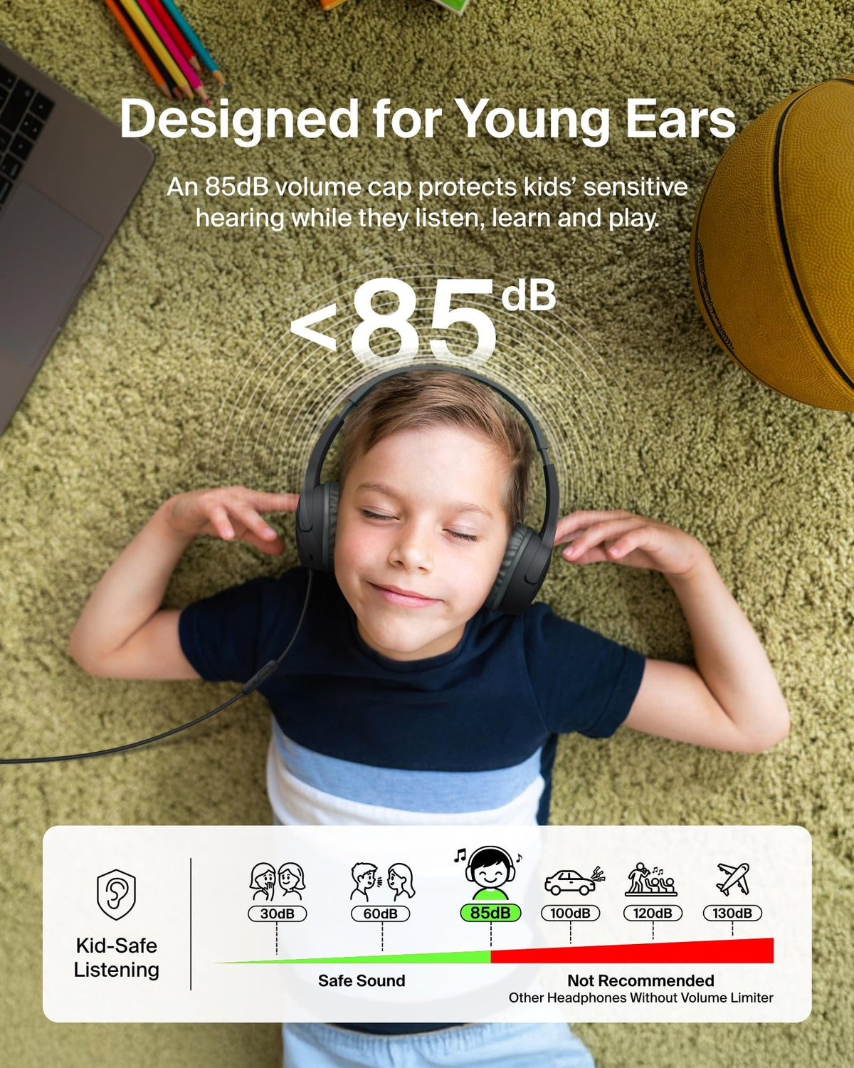 Belkin SoundForm Mini - Wireless Bluetooth Kids Headphones, 30H Battery, 85dB Safe Volume Limit, Built-in Microphone - Toddler On-Ear Earphones for iPhone, iPad - Ideal for School - Blue w/Case