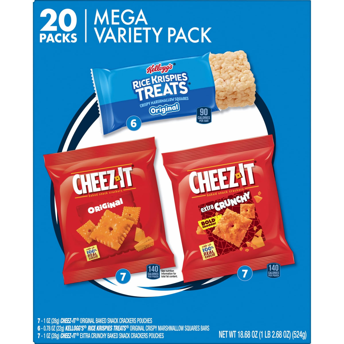Kellogg's Cheez-It, Pringles & Rice Krispies Treats Snacks Mega Variety Pack, 30.1oz Box (30 Count)