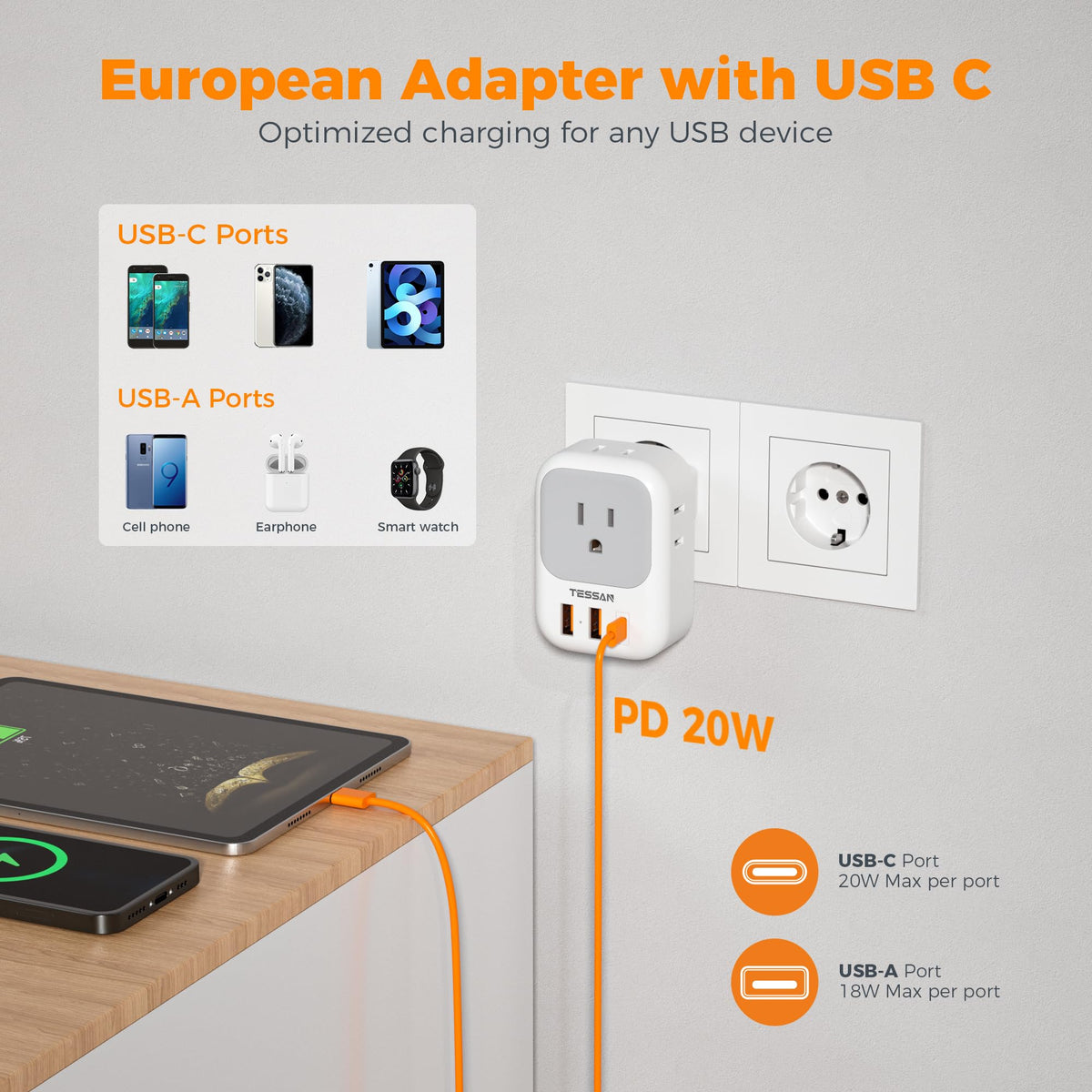 2 Pack European Plug Adapter USB C, TESSAN US to Europe Adapter 4 Outlets 3 USB Charger, Type C International Power Adaptor to Italy Spain France Portugal Iceland Germany, Europe Travel Essentials