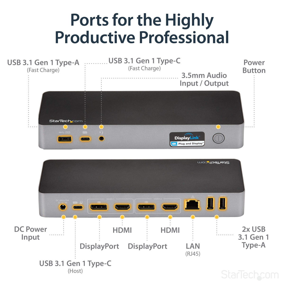 StarTech.com USB-C Triple Monitor Docking Station for MacBook Pro / Air M1 M2 M3 M4 & Windows, Universal 4K HDMI DP Dock, Thunderbolt Compatible, 100W Laptop Charging - TAA, Black, Silver