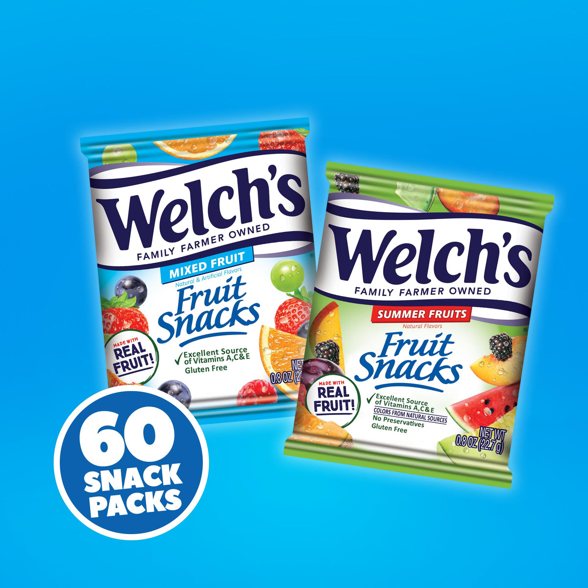 Welch's Fruit Snacks, Mixed Fruit & Summer Fruits Snack Box, Gluten Free, 0.8oz Snack Packs (Pack of 60)