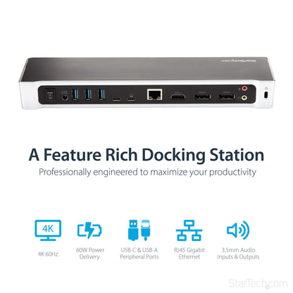 StarTech.com USB-C Triple Monitor Docking Station for MacBook Pro / Air M1 M2 M3 M4 & Windows, Universal 4K HDMI DP Dock, Thunderbolt Compatible, 100W Laptop Charging - TAA, Black, Silver